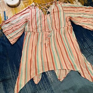 Torrid Pink and White Asymmetrical Tunic with Tie Waist, pastel colors